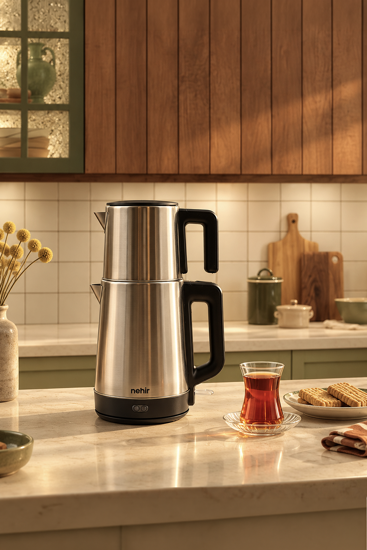 Maestro Paslanmaz Çelik Çay Makinesi 1700W 1 Litre Demlik, 1,7 Litre Su Isıtıcı