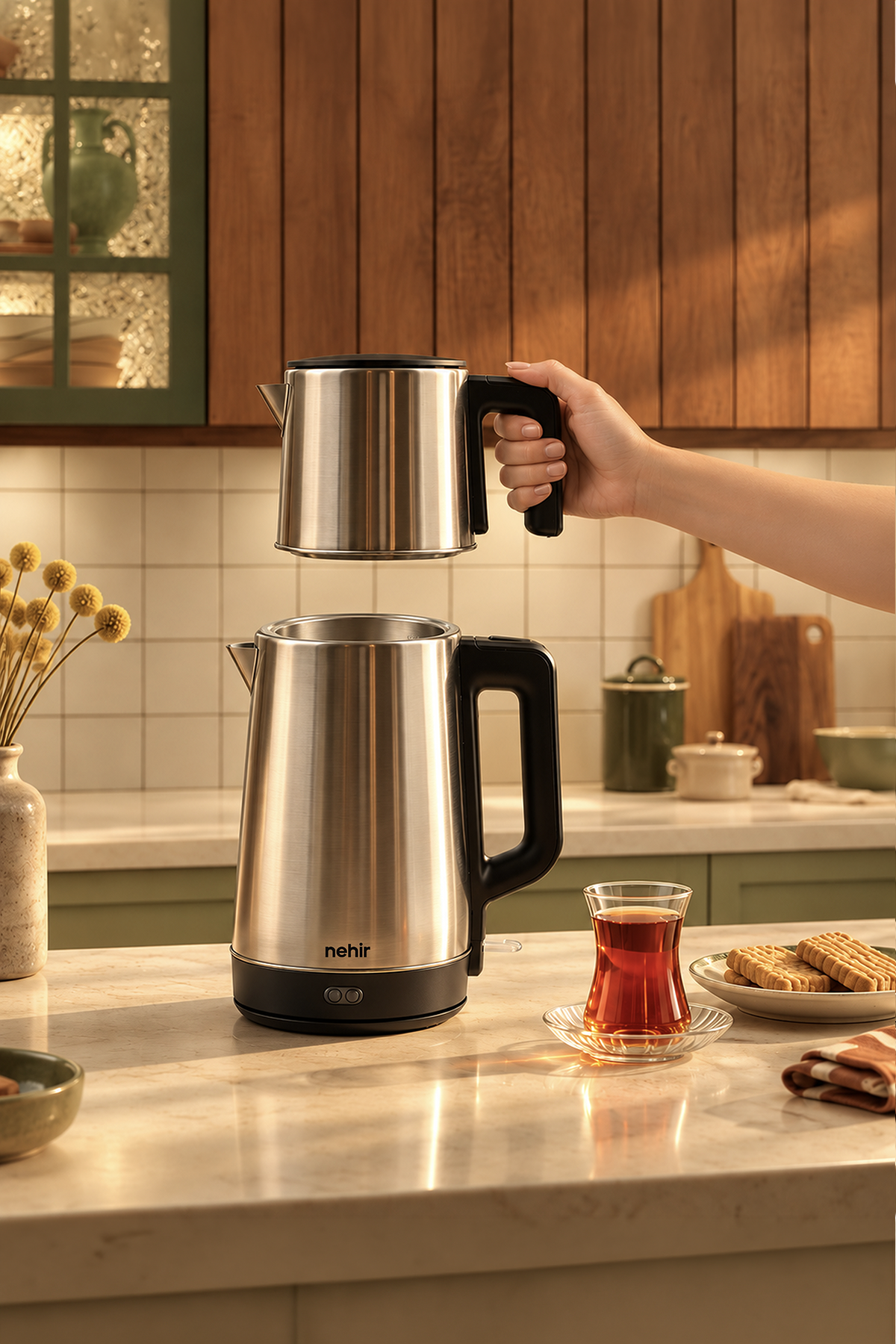 Maestro Paslanmaz Çelik Çay Makinesi 1700W 1 Litre Demlik, 1,7 Litre Su Isıtıcı