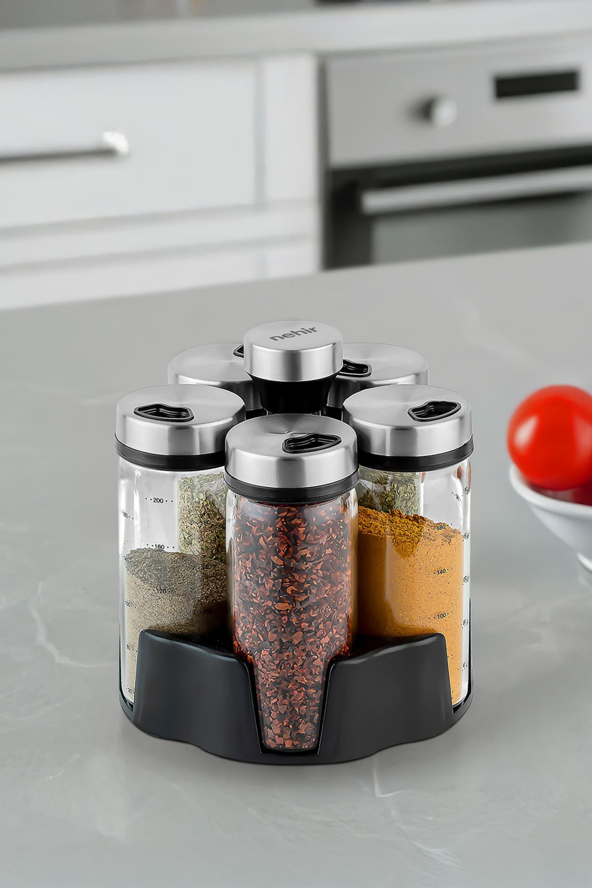6 Parça Borosilikat Döner Standlı Baharatlık Seti