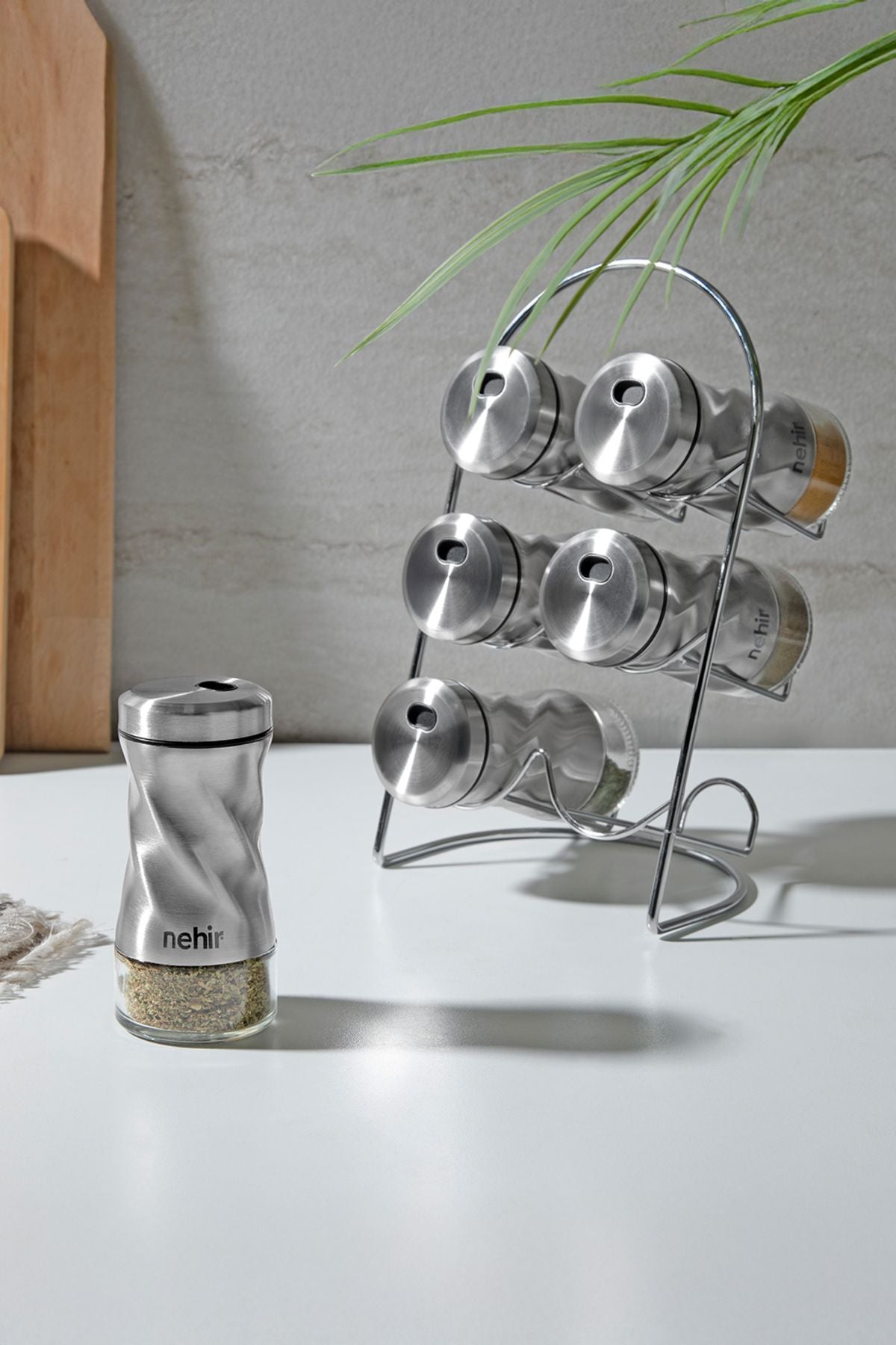 Burgulu Standlı 6 Parça Paslanmaz Çelik Baharatlık Seti