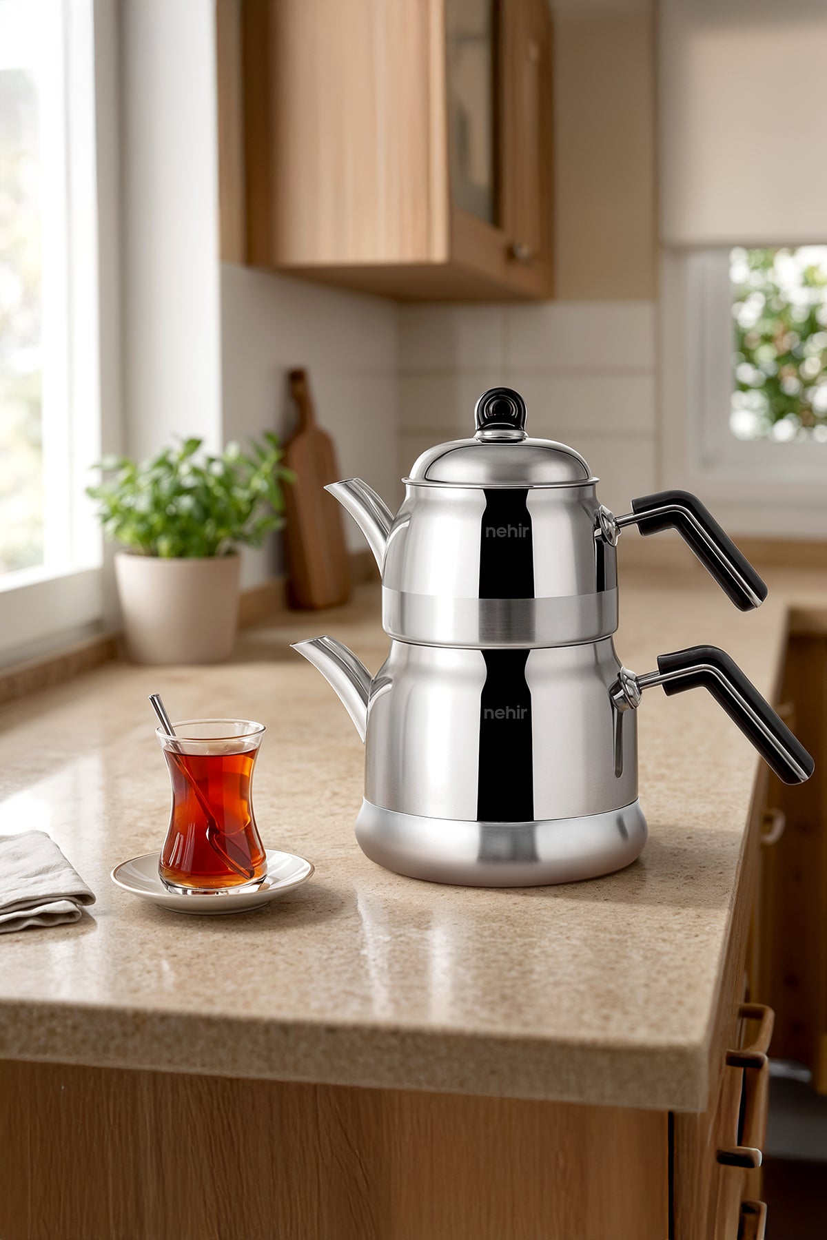 Lamia Maxi Büyük Boy Paslanmaz Çelik 1.25-2.10 Lt. Çaydanlık Takımı