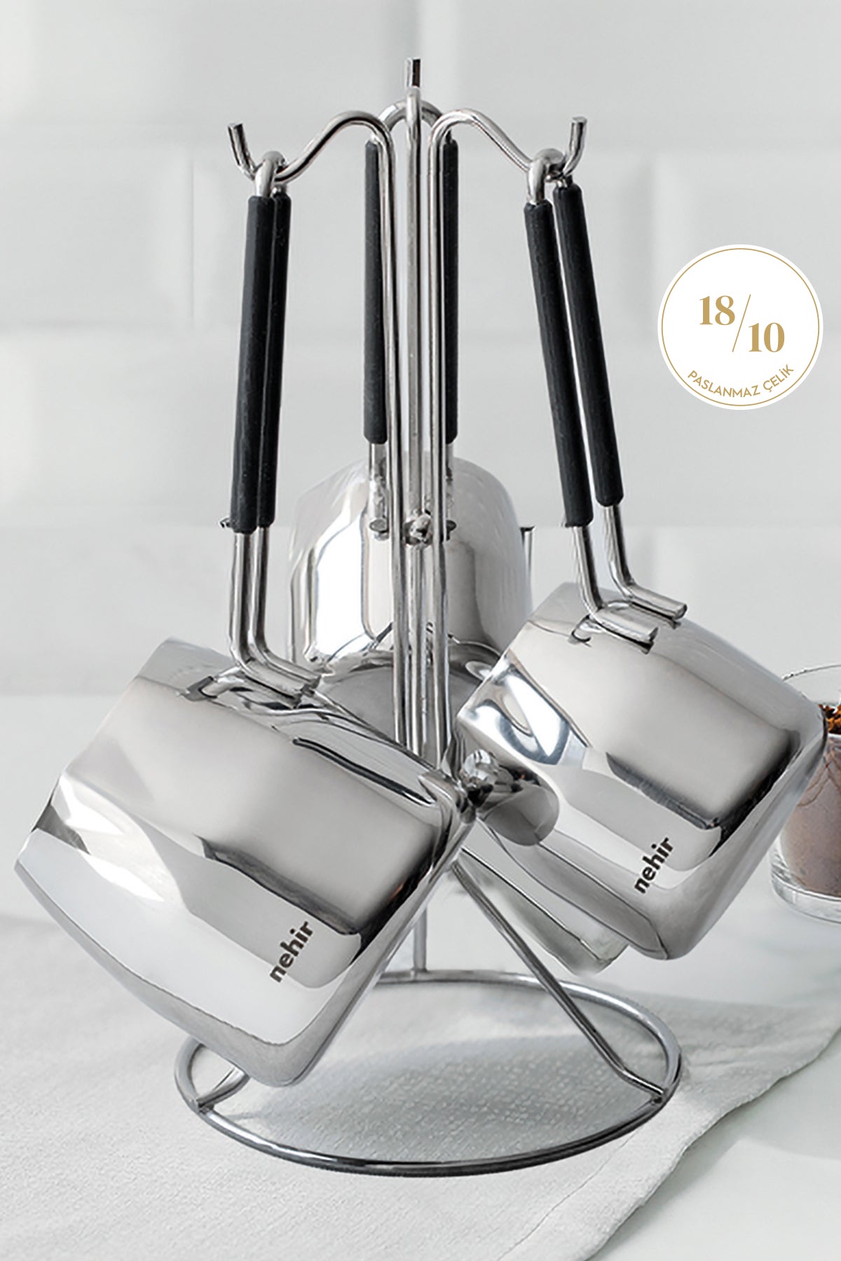 Modern 4 Parça Standlı Paslanmaz Çelik Cezve Seti