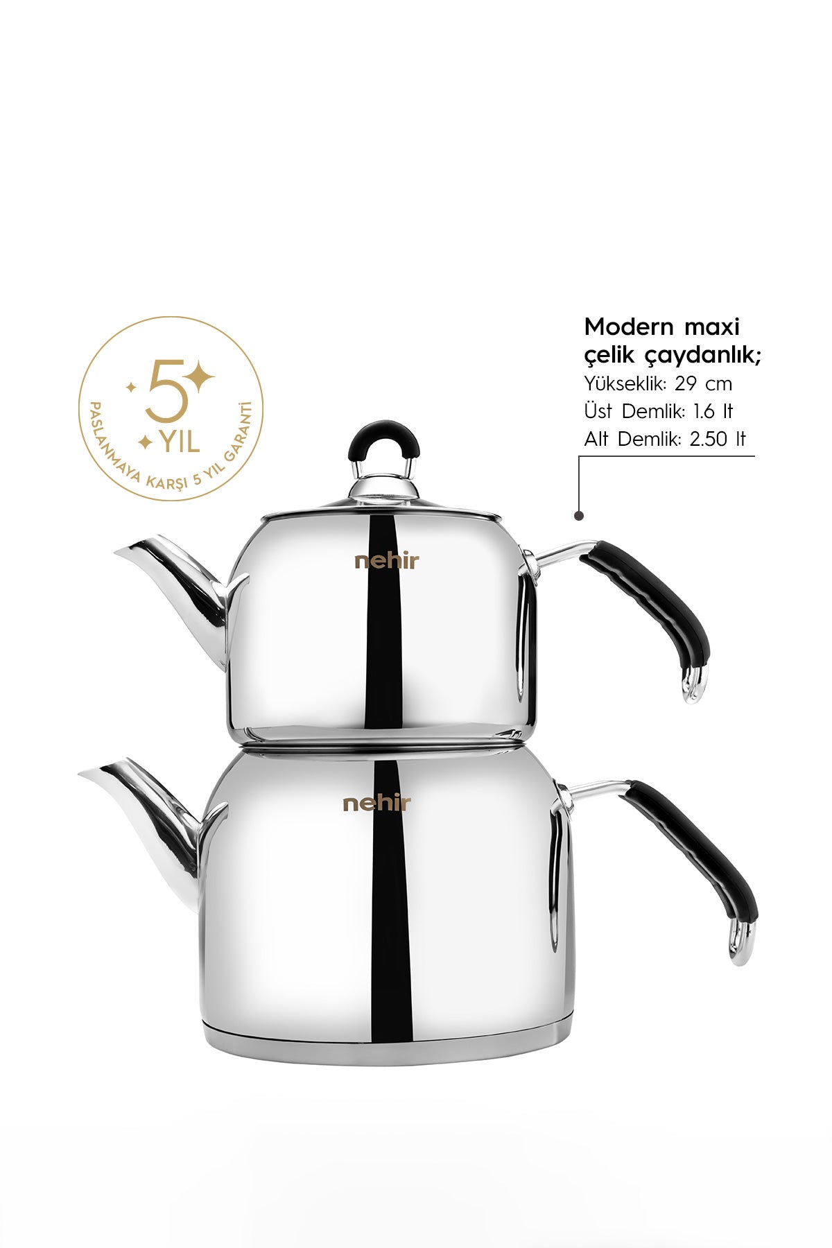 Modern Maxi Büyük Boy Paslanmaz Çelik 1.6-2.5 Lt. Çaydanlık Takımı