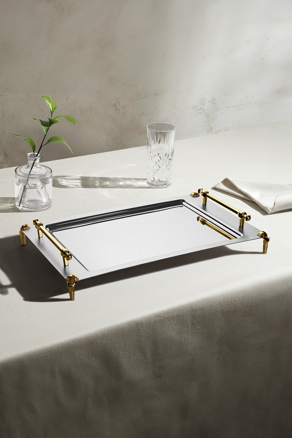 Verona Ayaklı 2'li Altın Saten Çelik Tepsi Seti